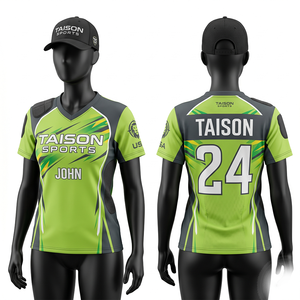 เสื้อแข่งแบบสั่งทำพิเศษ 180 GSM โพลีเอสเตอร์อินเตอร์ล็อค สีเขียวมะนาว ดีไซน์แผงสีเทา  พิมพ์ลายโลโก้ด้วยเทคนิค Sublimation - Product Image 1