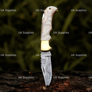 High Quality Damascus Steel Industrial Grade Straight Edge <b>Lock</b> Back Folding Knife Wood Handle Brass Accents Crocodile Pouch - Product Image 2