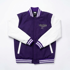 With Customization Product OEM ODM Casual Color Block With Embroidery <b>Purple</b> & White Loose Fit College Baseball <b>Varsity</b> <b>Jackets</b> - Product Image 1