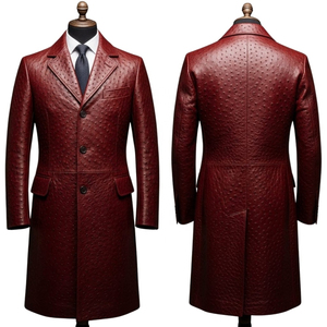 Manteau long en cuir véritable rouge pour homme, col à revers, simple boutonnage, manches classiques, gaufré, coupe ajustée - Product Image 6