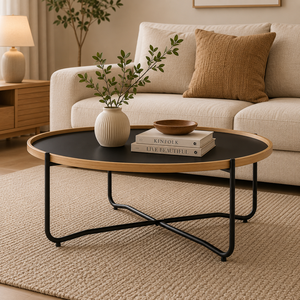 Movable Lipped Bentwood Edge Melamine Top Round Contemporary Living Room <b>Coffee</b> <b>Table</b> with <b>Epoxy</b> Metal Road X-Base Leg - Product Image 1