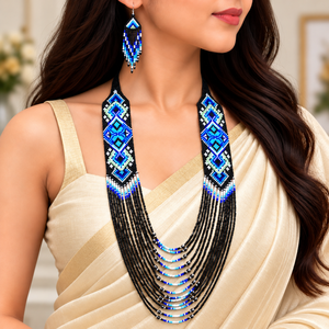 Conjunto de Collar Étnico Retro con Cuentas Geométricas para Mujer, con Borlas y Pendientes Colgantes, Joyería Azul y Negra para Regalo - Product Image 1