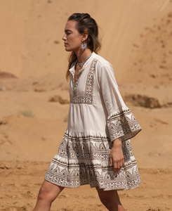 Women Boho Embroidered Eco-Friendly Plain Dyed Knee-Length Loose Fit V Neck Solid Plaid Long Sleeve Natural Waist Sashes <b>Beach</b> - Product Image 3