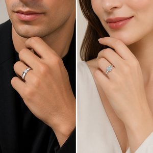 Ensemble de trois bagues en or blanc 10 carats serties de diamants |   Bijoux fins pour femmes, bague de fiançailles et de mariage sertie de pierres rondes brillantes, cadeau pour femme - Product Image 2