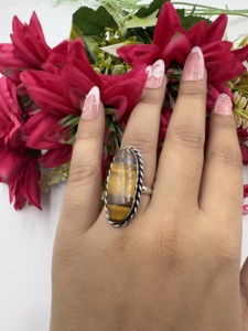 Natural Tiger Eye Big Stone <b>Adjustable</b> Brass 925 <b>Silver</b> Plated Trendy Handmade Vintage Gemstone <b>Ring</b> - Product Image 6