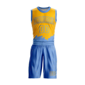 Conjunto de Uniforme de Baloncesto Personalizado Amarillo y Azul Sublimado con Nombre del Equipo 00 Sin Mangas Malla Transpirable Unisex Uniforme de Baloncesto Sublimado - Product Image 4