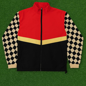 Men's Color Blocking <b>Racer</b> <b>Jacket</b> Red Black Checkered Sleeve Zipper Front Sporty Stand Collar Autumn Wear - Product Image 1