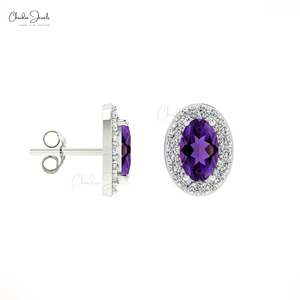 Fournisseur en gros de boucles d'oreilles classiques en améthyste africaine naturelle, boucles d'oreilles halo en or massif 14 carats avec diamants, fournisseur de bijoux en gros - Product Image 3