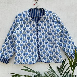 Blazer matelassé en coton imprimé floral pour femme, col en V, manches trois quarts, fermeture boutonnée, vêtement d'extérieur printemps, longueur standard - Product Image 6