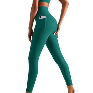 Leggings Deportivos de Cintura Alta, Color Verde Sólido, con Bolsillos, Largos, Elásticos, Tejidos, para Mujer - Product Image 1