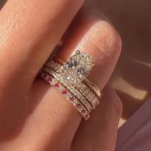 925 <b>Silver</b> Moissanite 4 Ct Oval Cut Yellow Gold Plated Engagement <b>Ring</b> <b>Set</b> with Red & White Color Stone Round Cut Band for Women - Product Image 3
