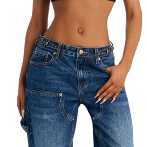 Vaqueros Cargo de Mujer de Talle Medio, Pierna Ancha, Transpirables, Azul Lavado, con Bolsillos Utilitarios, Estilo Casual Urbano, Ajuste Holgado, Moda Otoño - Product Image 3