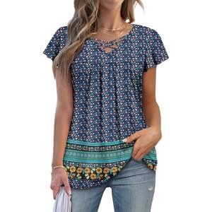 2025 túnica Bohemia favorecedora con cuello en V para mujer, camisas elegantes de manga corta con mallas, azul denso, talla XL - Product Image 1