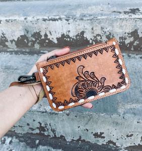 Southwestern Style Flower Tooled Leather <b>Wristlet</b> Wallet Luxury Beautiful Stylish Western Card Holder Women Multi Uses Purse set - Product Image 3