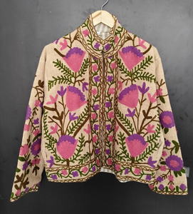 เสื้อแจ็คเก็ตปักมือสไตล์วินเทจลายดอกไม้ งานฝีมือสุดประณีต สีชมพูม่วง ผ้าฝ้ายซูซานี ระบายอากาศได้ดี - Product Image 1