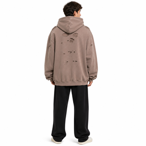 Sweat à capuche marron délavé vintage personnalisé pour homme, avec trous déchirés, en molleton épais, coupe oversize, poche kangourou, style streetwear - Product Image 3