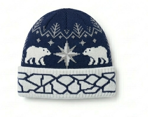 Unisex Knit <b>Beanie</b> Hat With Polar Bear And Snowflake Pattern <b>Navy</b> Blue Winter Cap For Adults 56-58CM Head Circumference - Product Image 1