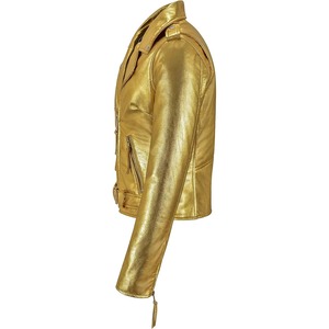 Golden Metallic Faux <b>Leather</b> Moto <b>Jacket</b> Women's Short Zipper Closure Stand Collar Full Sleeve Autumn Style - Product Image 6