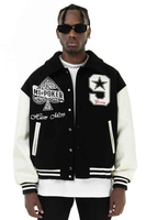Blouson Bomber Varsity Homme Streetwear avec Patchs Brodés Personnalisés Col Montant Capuche en Toile