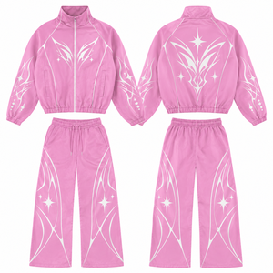 Custom Pink Windbreaker <b>Jacket</b> And Wide Leg Pants Set With <b>Star</b> Print Track Suit Design For Unisex Comfort Wear - Product Image 6