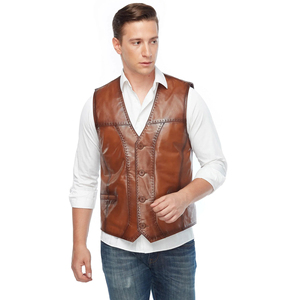 Wholesale Men's Genuine Leather <b>Vest</b> V-Neck Triple Buckle Closure Vintage Style <b>Brown</b> Outerwear Breathable Eco-Friendly - Product Image 4
