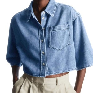 Camisa Corta de Mezclilla para Mujer, Corte Holgado, con Botones, Manga Corta, Informal, Azul, Estilo Urbano, Moda Primavera-Verano - Product Image 5