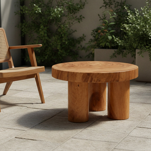 Table basse contemporaine en bois de Suar brut aux formes organiques, base cylindrique robuste, qualité export, pour salon et balcon - Product Image 5