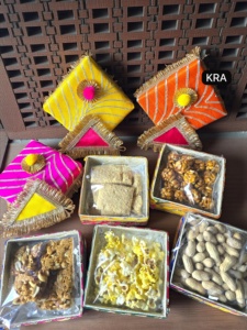 Handcrafted Festive Dry Fruit and Mithai <b>Gift</b> Set with Colorful Potli <b>Boxes</b> this vibrant assortment celebrates Indian traditions - Product Image 1