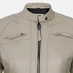 แจ็คเก็ตบอมเบอร์หนังแท้สไตล์วินเทจสำหรับผู้หญิง สีเบจ พิมพ์โลโก้ตามสั่ง รุ่นใหม่ RTS พร้อมคุณสมบัติกันน้ำ - Product Image 4