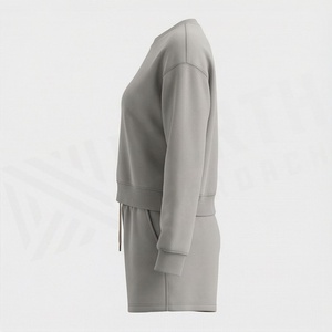 Ensemble de survêtement en tricot pour femmes, 2 pièces, couleur unie, col rond, coupe ample, short au-dessus du genou, vêtements décontractés pour toutes les saisons - Product Image 3