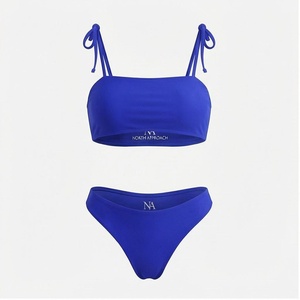 NORTH AMROACH Ensemble de bikini bandeau bleu roi pour femme avec bretelles à cordon et bas de string, maillot de bain extensible de couleur unie - Product Image 1
