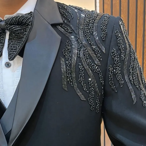 Luxury Men Blazer <b>Jacket</b> Cotton Metallic Bugle Bead Vinework Trending Embroidery Black Fabric Rectangular Shape Party Outerwear - Product Image 1