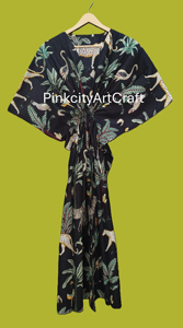 Vestido Kaftán de Algodón Ecológico Hecho a Mano, Estampado Tropical de Selva, Estilo Boho, Tejido Ligero y Transpirable de Primera Calidad, Manga Corta - Product Image 3