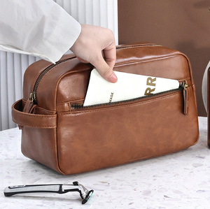 Bolsa de Maquillaje de Cuero Impermeable de Gran Capacidad con Cierre de Cremallera, Portátil, para Hombre, Organizador de Artículos de Aseo, Color Marrón, Estilo Dopp Kit - Product Image 2