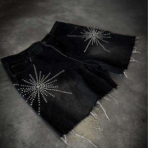 Pantalones Cortos de Mezclilla Desgastados de Estilo Urbano para Hombre, Corte Holgado, Vintage, con Adornos de Diamantes de Imitación - Product Image 4