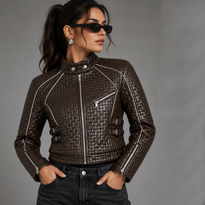 Hot Sale Real Leather <b>Jacket</b> for <b>Women</b> Turn-Down Collar Pocket Design Casual Quilted PU Leather Zipper Closure Short Length - Product Image 6