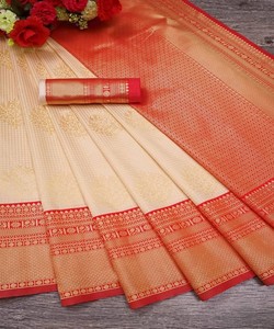 Traditional Indian Silk <b>Saree</b> With <b>Red</b> And Orange Border For Wedding Wear Women's Floor Length Sari Classic Design - Product Image 6