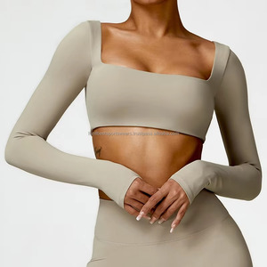FONILBEST Women Yoga 2 Piece Set Front Pink Square Neck Long Sleeve <b>Crop</b> <b>Top</b> Solid Color Spandex/Polyester Sportswear Fashion - Product Image 2