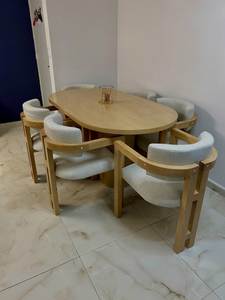 Juego de Mesa de Comedor Ovalada de Madera de Teca Escandinava, Sillas Tapizadas Modernas, Fabricante de Muebles de Indonesia - Product Image 2