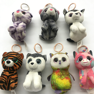 Assorted Glitter Big Eye Mini Animal Plush Keychain Set, Tie-Dye <b>Cat</b> Husky Tiger Owl Fluffy Stuffed Bag Charm with Wooden <b>Ring</b> - Product Image 4
