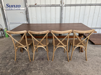 Vente en gros de table de ferme pliante antique en bois massif et ensemble de chaises à dossier croisé en bois massif pour banquet, mariage, événement, fête