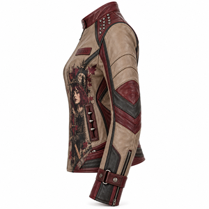 Tan Burgundy Leather Jacket Women Gothic Forest Moon Graphic <b>Studded</b> Snap Neck <b>Belted</b> Cuff Biker Coat Custom Manufacturer Offer - Product Image 4