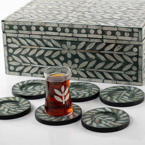 Luxury Black Mother of Pearl Inlaid <b>Tea</b> Glass and Coaster Set with Storage <b>Box</b> for Ramadan Eid Gifts Wholesale - Product Image 2