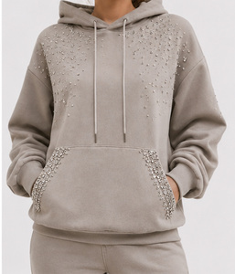 Sweat-shirt à capuche pour femme, gris, à paillettes, pull en coton tricoté, manches régulières, style décontracté d'automne - Product Image 1