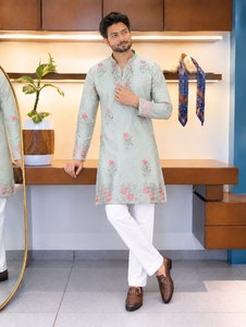 Coach <b>Silk</b> Multi Sequence Zari Embroidery <b>Kurta</b> Plain Pant Set Stitched Ethnic Party Wear Dress Straight Kurti Suit GX 409 - Product Image 2