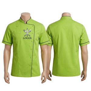 Mens Chef Uniform 200 GSM Premium Poly Cotton Lime Green Short Sleeve Contrast Piping <b>Kitchen</b> Coat With Custom Embroidery Logo - Product Image 1