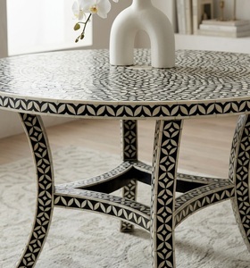 Table à manger moderne ronde en bois avec incrustations en os, table d'appoint décorative pour salon, maison, 4 places - Product Image 4