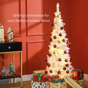 Albero di Natale Artificiale Sottile da 1,5 m con Luci LED Bianco Caldo e Rami Innevati Rosa - Decorazioni Natalizie - Product Image 4