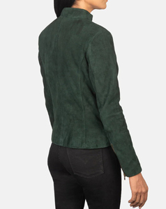 2026 Premium Quality Women's High Street Women's Green Suede Moto Jacket <b>Stand</b> Collar Full Sleeve Zipper Closure Autumn Wear - Product Image 2