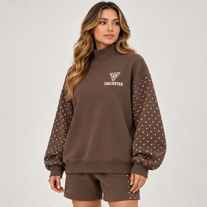 Women's Brown Polka Sleeve Mock Neck 2-Piece <b>Shorts</b> <b>Set</b> Custom Casual Sportswear - Product Image 3